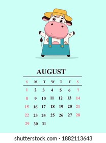 Calendar child bull 2021 for august , bull flat set. Set 12 month pages.