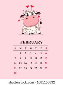 Calendar child bull 2021 for february, bull flat set. Set 12 month pages