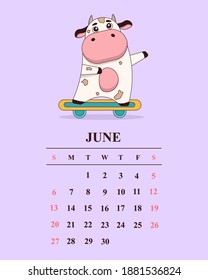 Calendar child bull 2021 for june , bull flat set. Set 12 month pages