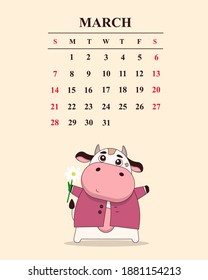 Calendar child bull 2021 for march, bull flat set. Set 12 month pages