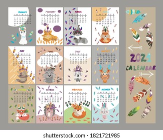 
Calendar for children for 2021. With cute animals and feathers in Scandinavian style.