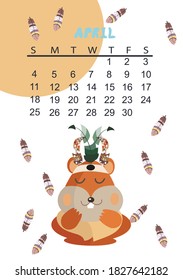
Calendar for children for 2021. With cute animals and feathers in Scandinavian style.