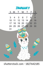 
Calendar for children for 2021. With cute animals and feathers in Scandinavian style.