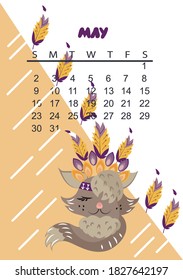 
Calendar for children for 2021. With cute animals and feathers in Scandinavian style.