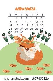 
Calendar for children for 2021. With cute animals and feathers in Scandinavian style.