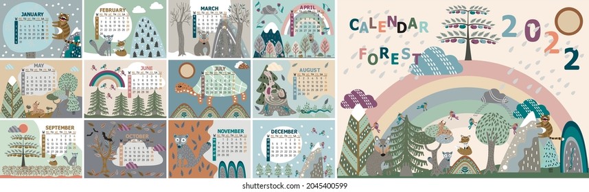 Calendar for children animals in the forest. Calendar with cute animals for 2022 in the Scandinavian style. Vector illustration.