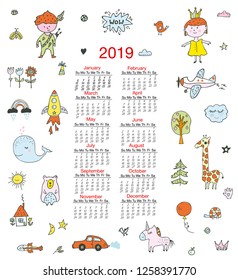 Calendar for children with funny doodles, kids, animals, cute elements. Vector graphic illustration