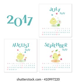 Calendar with a chinese new year symbol - yellow chick, with three summer/autumn months - July, August and September. Vector illustration with a season and seasonal activities like playing in the sun