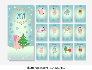 Calendar with Christmas holiday piglets. 2019 winter holidays calendar for your design.