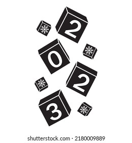 Calendar for Christmas, new year falling cubes with the number 2023, stencil icon, vector illustration