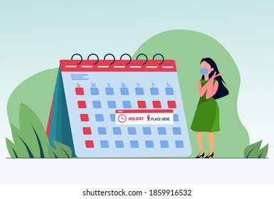 Calendar with circled date, appointment. Arm marks holiday in Calendar on the wall. Schedule of events on day, week, month and year. Important office plan. Banner for app, deadline,Vector illustration