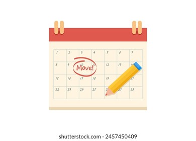 Calendar with circled date for moving. Relocation reminder. Flat modern vector illustration isolated on white background.