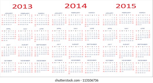 calendar classic  templates for years 2013 - 2015, easy editable, weeks start on Sunday