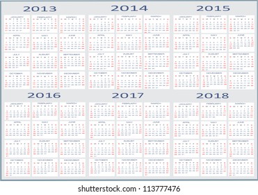 calendar classic templates for years 2013 - 2018ï¿½ï¿½, easy editable, weeks start on Sunday