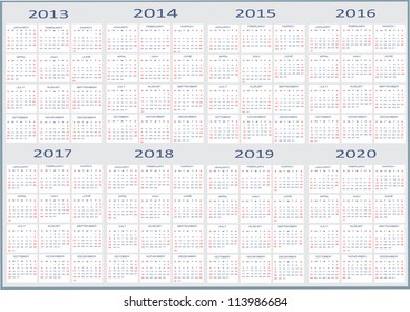 calendar classic templates for years 2013 - 2020, easy editable, weeks start on Sunday