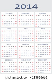 calendar classic templates for years 2014, easy editable, weeks start on Sunday