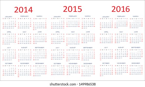 calendar classic templates for years 2014 - 2016, easy editable, weeks start on Sunday