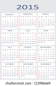 calendar classic templates for years 2015, easy editable, weeks start on Sunday