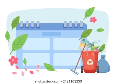 Calendario con calendario de limpieza y flores de primavera y hojas ilustraciones vectoriales. Papelera de reciclaje, rastrillo, bolsa con basura. Concepto de lista de comprobación de limpieza de primavera