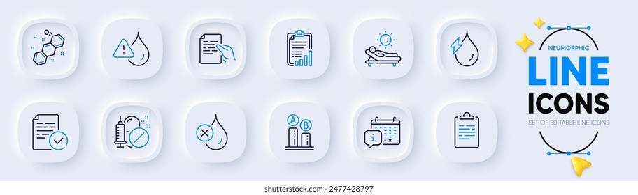 Calendar, Clipboard and Lounger line icons for web app. Pack of Medical drugs, Chemical formula, Checklist pictogram icons. Waterproof, Ab testing, No waterproof signs. Hydroelectricity. Vector