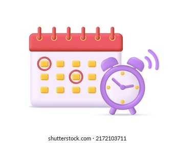 Calendar with clock. 3d icon for time, reminder and schedule. Concept of remember, event and meeting. Illustration of calender for plan with date. Vector.