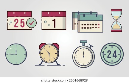 Calendar clock alarm hourglass and a stopwatch perfect for time management and deadline concepts, business presentations, and productivity content.