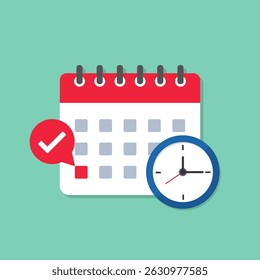 Calendar with clock and check mark, calendar flat icon vector illustration. Tick mark deadline, highlight date, event calendar reminder, business meeting schedule, appointment done, agenda planner.