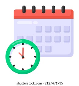 Calendar with clock denting flat icon of project deadline 

