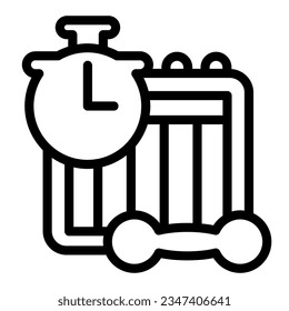 Calendar with clock and dumbbell line icon, Diet concept, sports schedule sign on white background, Healthy lifestyle calendar icon in style for web design. Vector graphics.