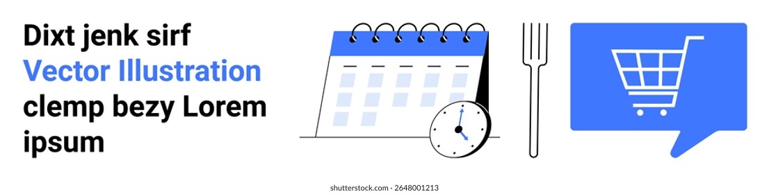 Calendário, relógio, bifurcação e carrinho de compras dentro de um balão de fala. Ideal para produtividade, gerenciamento de tempo, refeições, programação, e-commerce, planejamento de refeições, compras on-line. Página inicial