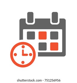 Calendar and clock. Gray and orange icon. Vector illustration
