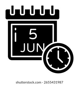 Calendario con reloj, icono de recordatorio del 5 de julio