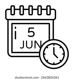 Calendario con reloj, icono de recordatorio del 5 de julio