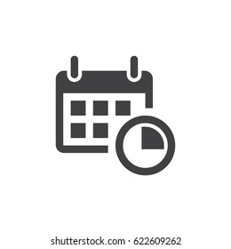 Calendar with clock icon in black on a white background. Vector illustration