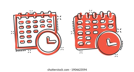 Calendar with clock icon in comic style. Agenda cartoon vector illustration on white isolated background. Schedule time planner splash effect business concept.