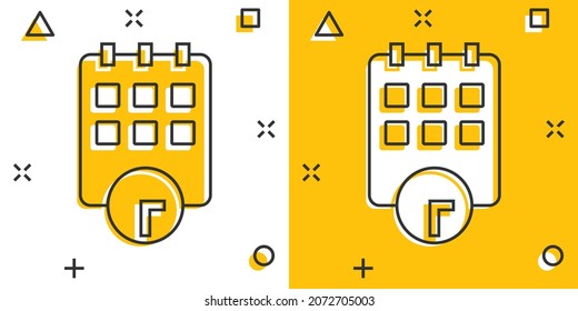 Calendar with clock icon in comic style. Agenda cartoon vector illustration on white isolated background. Schedule time planner splash effect business concept.
