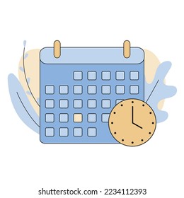 Calendar with clock icon. Concept of organization appointment, schedule, deadline, timing. Vector illustration, flat cartoon design