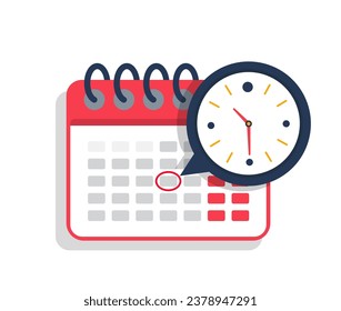 Calendar with clock icon. concept of scheduled appointment, deadline, reminder of meeting. Time ends sign. vector illustration