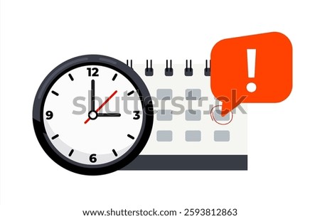 Calendar and clock icon. Calendar date deadline notification. Appointment, schedule, important date. Time and date. Deadline on a calendar, event notification. Event reminder scheduled on agenda 10eps