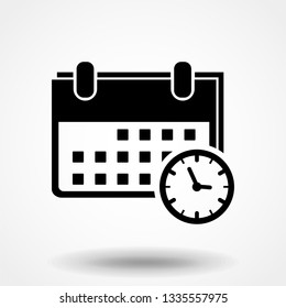 Calendar and clock icon. Date and time symbol. Event pictogram, flat vector sign isolated on white background. Simple Sign for mobile concept and web design. Vector illustration.