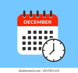 Calendario con icono de reloj. Diciembre mes. Fecha importante. Programación finalizada. Marcar gráfico. Día del evento. Hora límite. Día de reunión. Ilustración vectorial.