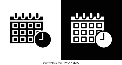 Calendar clock icon in flat black solid vector set