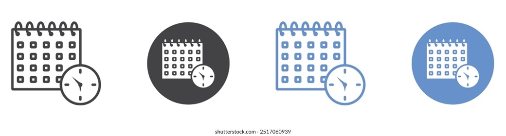 Conjunto de símbolos de línea plana de icono de reloj de calendario.