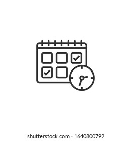 Calendar with clock icon in flat style. Agenda vector illustration on white isolated background. Schedule time planner business concept.