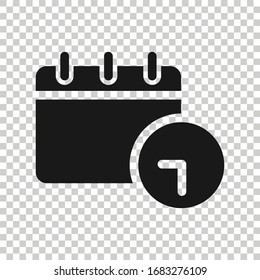 Calendar with clock icon in flat style. Agenda vector illustration on white isolated background. Schedule time planner business concept.