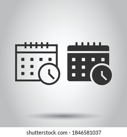 Calendar with clock icon in flat style. Agenda vector illustration on white isolated background. Schedule time planner business concept.