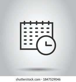 Calendar with clock icon in flat style. Agenda vector illustration on white isolated background. Schedule time planner business concept.