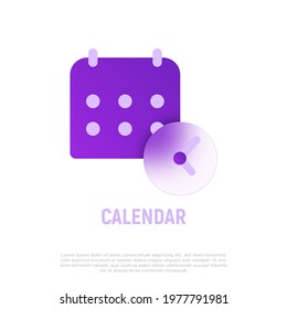 Calendar with clock icon in glassmorphism style. Deadline, reminder. Vector illustration.