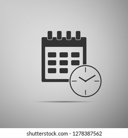 Calendar and clock icon isolated on grey background.Schedule, appointment, organizer, timesheet, time management, important date. Date and time sign. Flat design. Vector Illustration