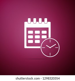 Calendar and clock icon isolated on purple background.Schedule, appointment, organizer, timesheet, time management, important date. Date and time sign. Flat design. Vector Illustration